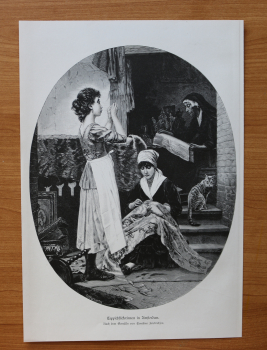 Wood Engraving Carpet repairing Women 1884 after painting by Ernsestine Friedrichsen Art Artist